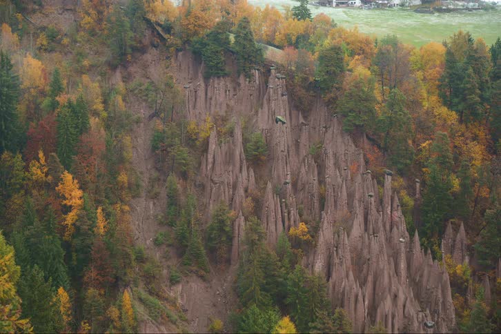 Fog flowing through the canyon with fall colored trees early in the morning