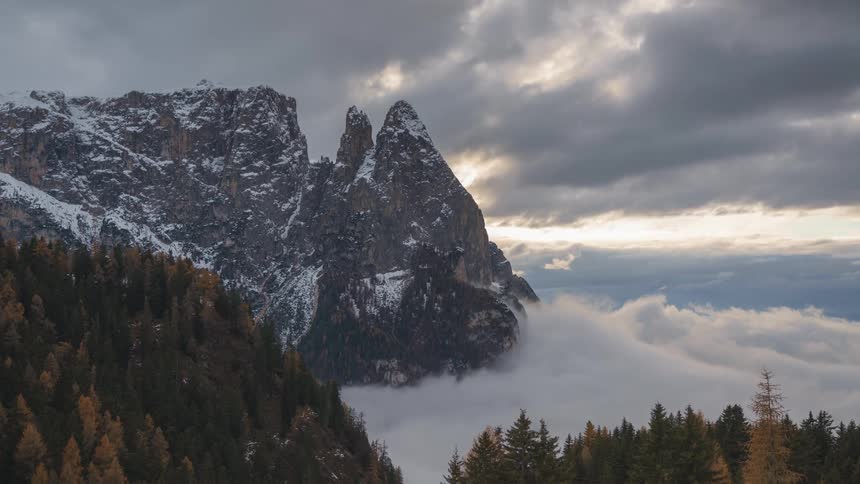 Landscape of snowy mountains with conifers in a sea of dense clouds