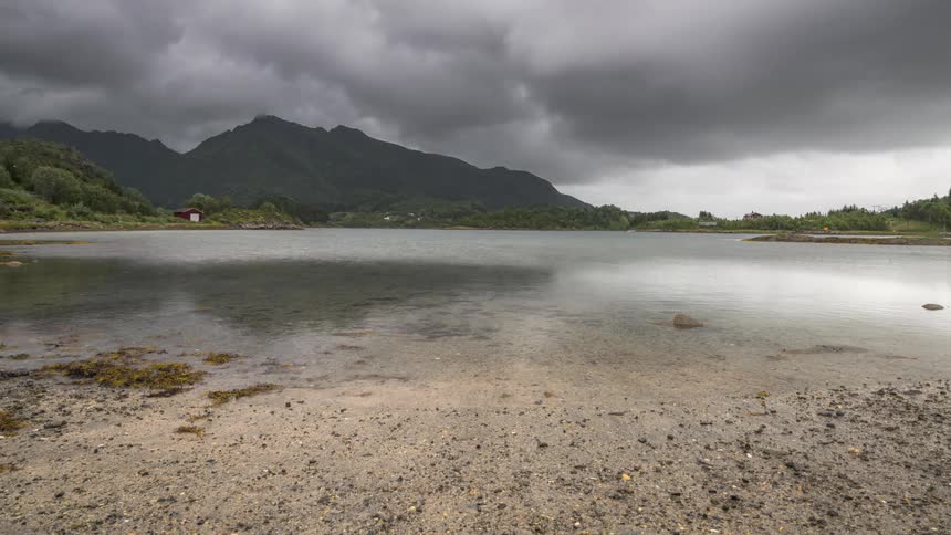 Natural landscape of a lake surrounded by mountains under a cloudy sky