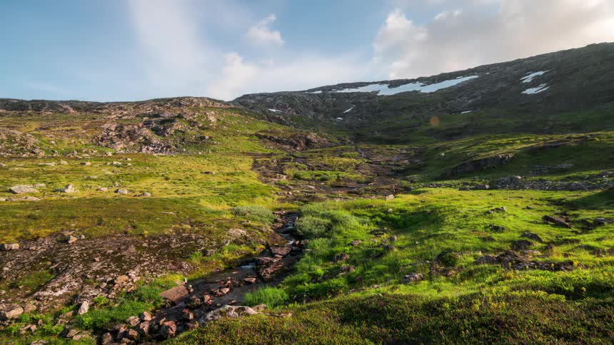 The green grass goes uphill
