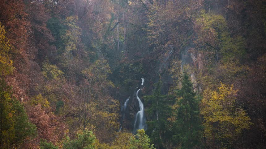 Time lapse of a waterfall flowing as fog rolls through the forest