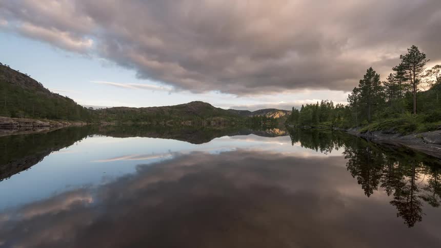 Time lapse of clouds rolling over a lake in the mountains