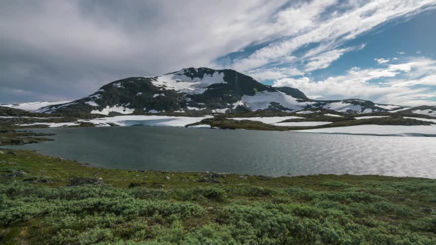 Natural landscape of a lake surrounded by mountains covered in snow with a partly cloudy sky