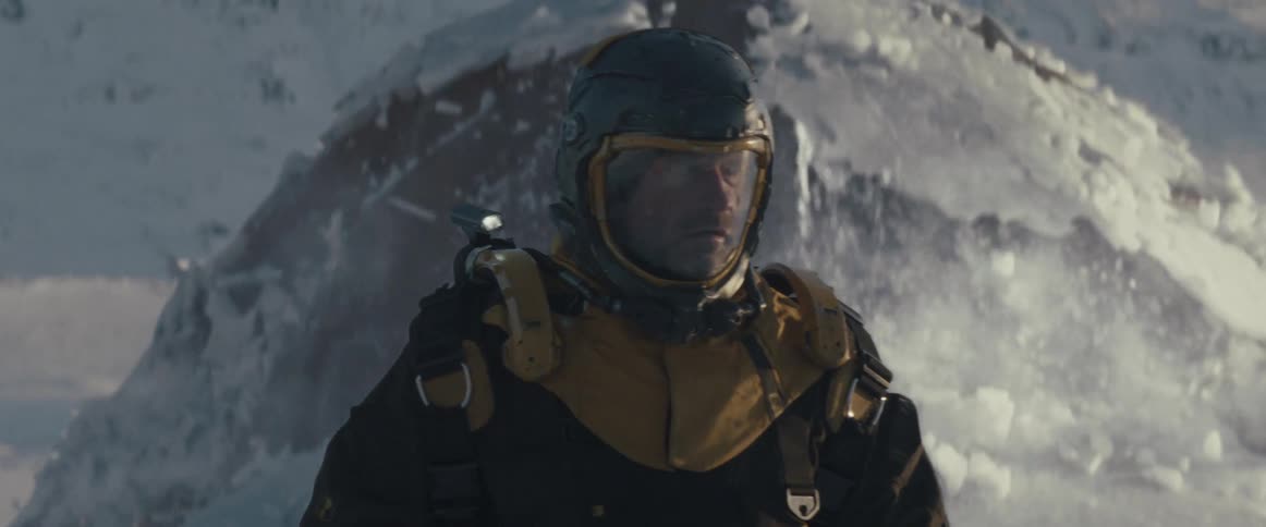 Soldier in a protective suit and in the background an abstract animal emerging from the snowy ground
