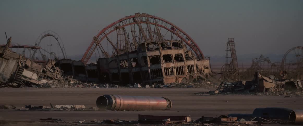 The remains of an amusement park with a roller coaster