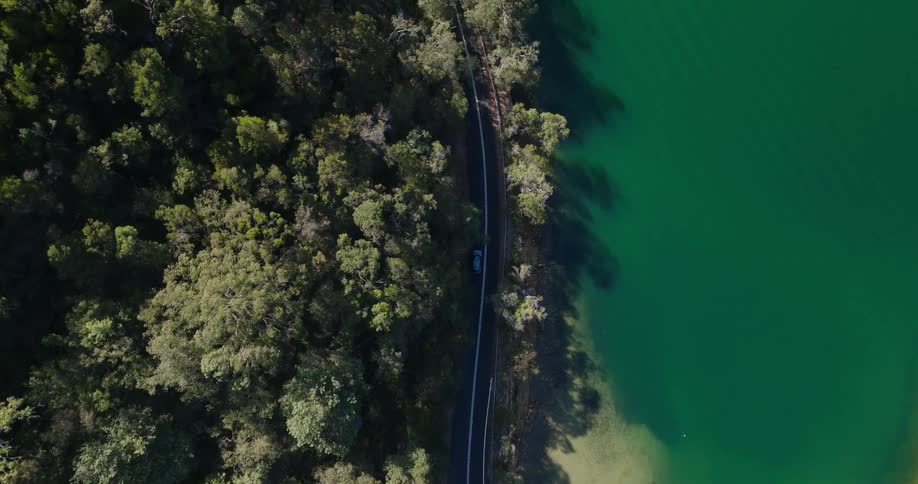 Aerial panorama of a vehicle traveling on a paved road at the edge of a greenish lake and forest