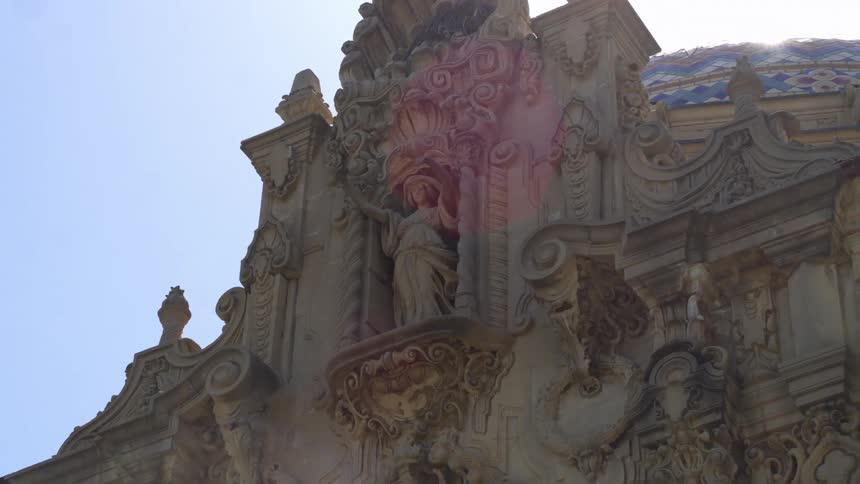 Exterior and artistic architecture of the facade of a cathedral building