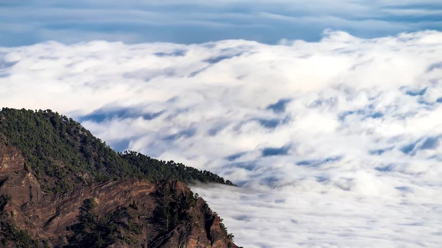 Mountains with vegetation surrounded by a sea of low clouds