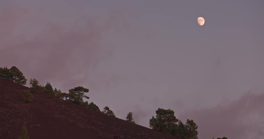 A moon above a hill with sparse trees clouds moving rapidly