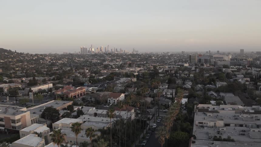 Aerial view of suburbs in a city's downtown  in the far distance on a clear day