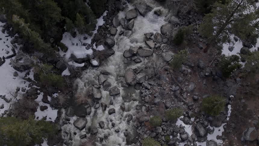 Rocky river flowing through trees and partially snow covered ground