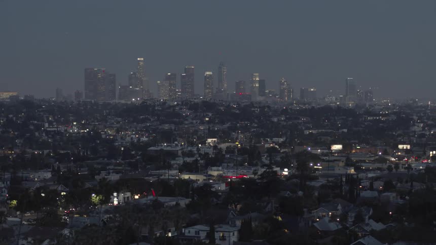 A valley of palm trees and homes leads to a city skyline