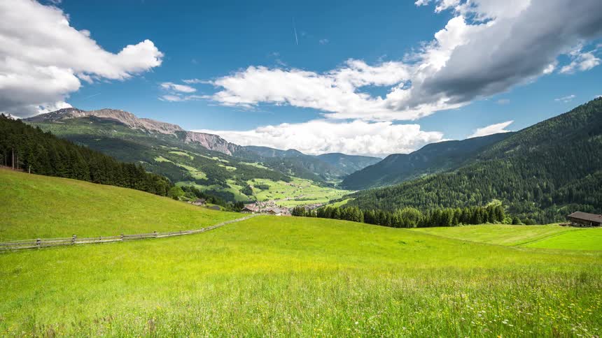 Landscape of vast greenish fields surrounded by coniferous mountains on a partly cloudy day