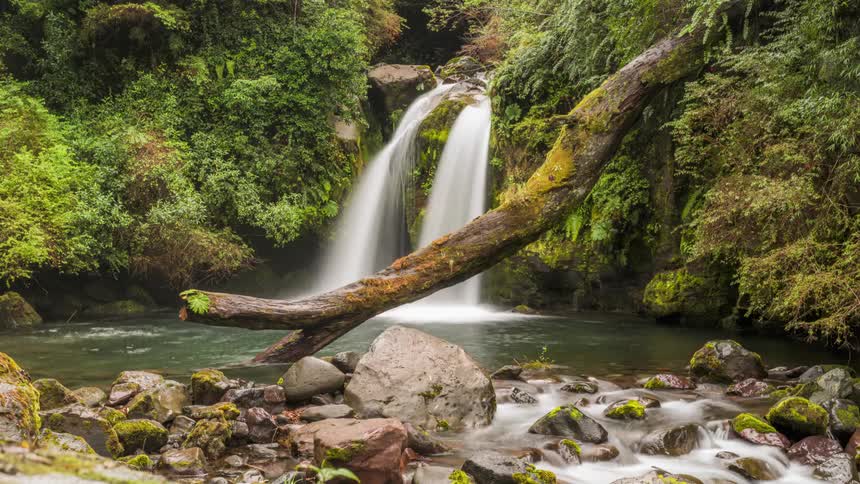 Waterfall is flowing into the river surrounded by rocks