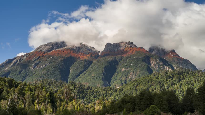 A forest surrounds the mountain