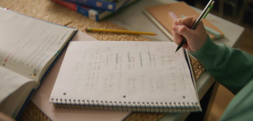 A student's hands writing in a white notebook and leafing through a book