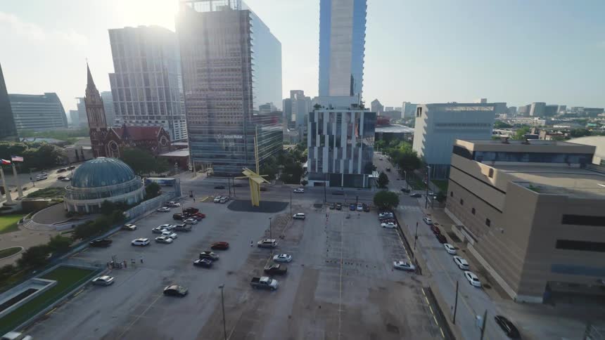 Aerial drone view of buildings structures and sculptures in Dallas, TX