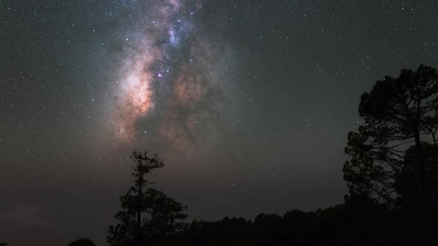 Fog rolls over a forest as the milky way makes its way across the sky closer to earth
