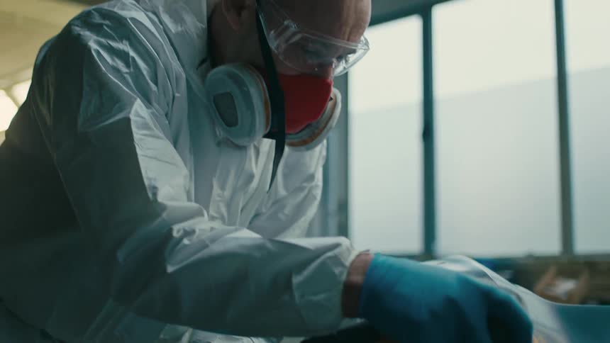 A man in protective gear sanding a car bumper in an industrial setting