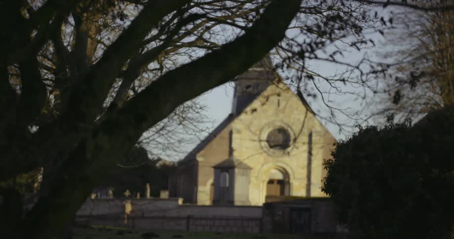 A church sits behind these trees ahead