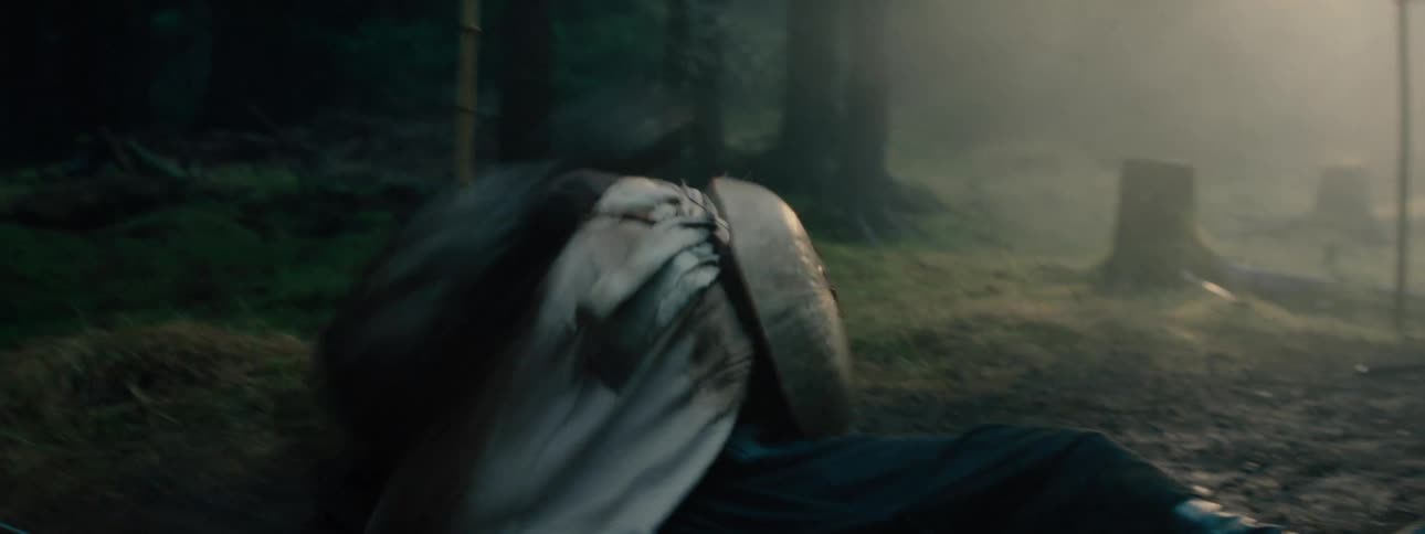 Two warriors fight in a foggy forest clearing