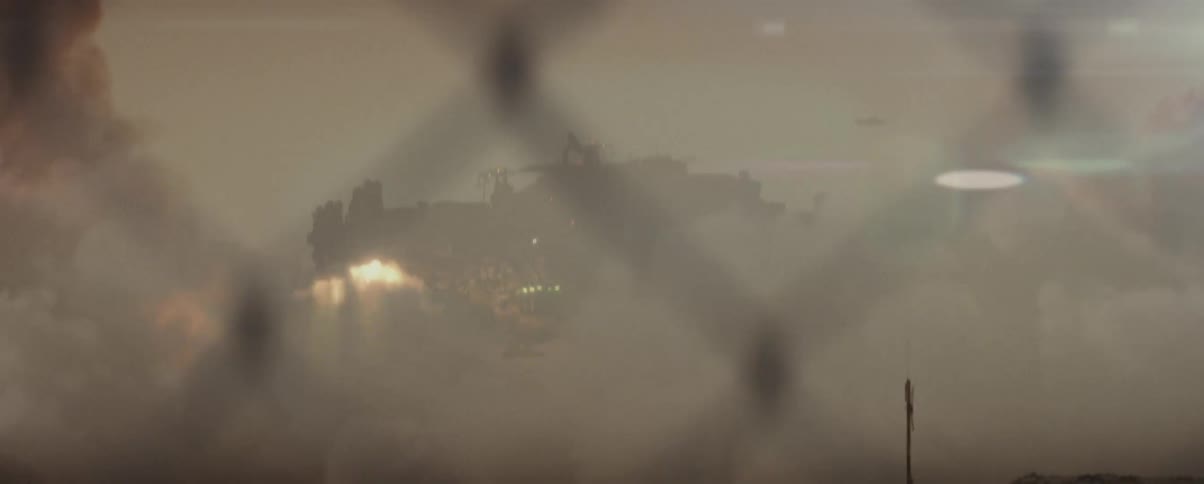 A science fiction aircraft is taking off and raising a lot of dust upwards