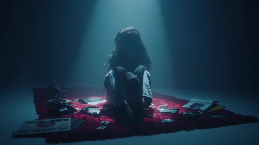 A young woman sitting on a red carpet surrounded by a pizza box video tapes and cameras