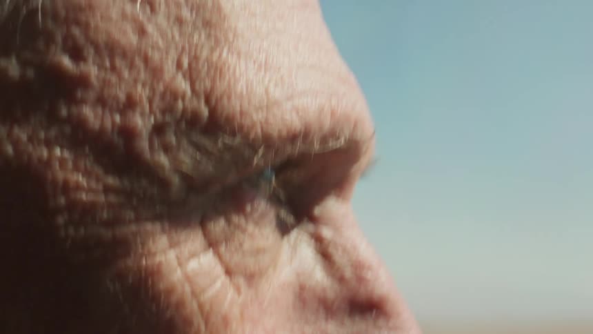 Side portrait of an elderly man inside a moving vehicle