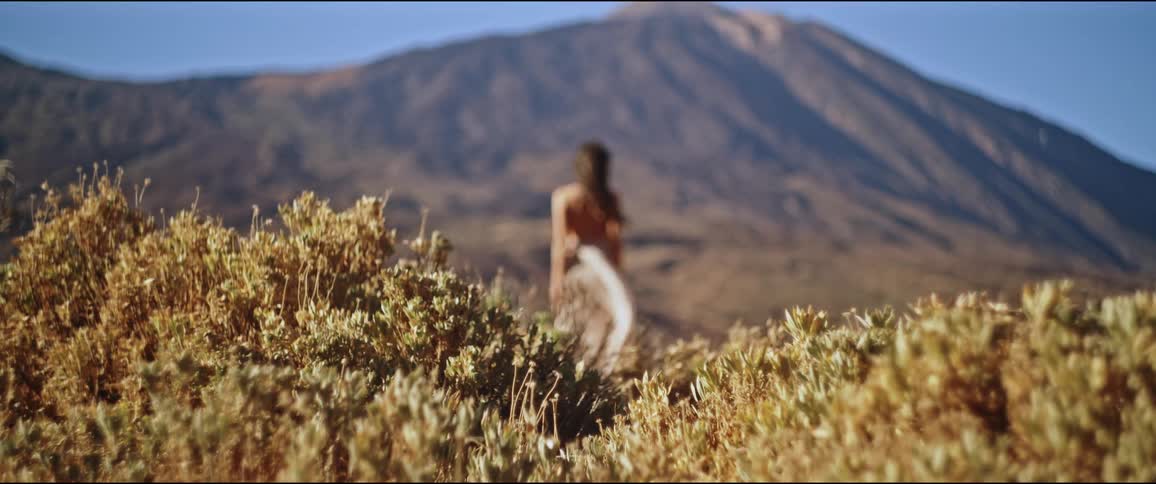 Landscape with a hill in the background and undergrowth in the foreground and a woman with a blurred white dress on her back