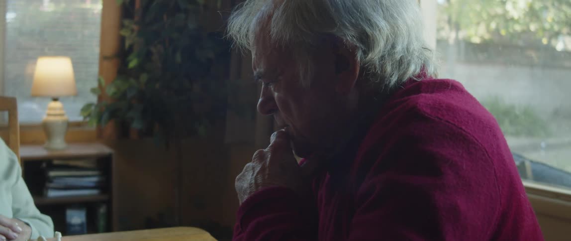 An elderly man sitting on a table at home playing chess near a window