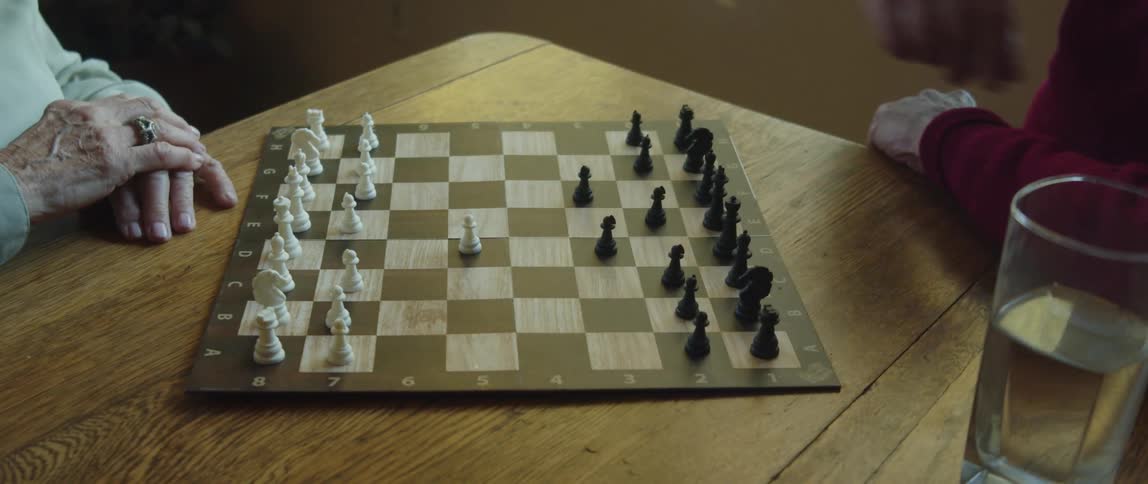 Two elderly people sitting at a table playing chess