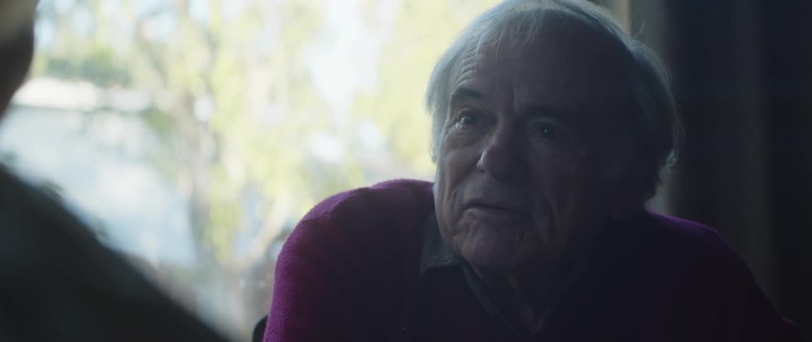 Portrait of an elderly man sitting and talking to a person