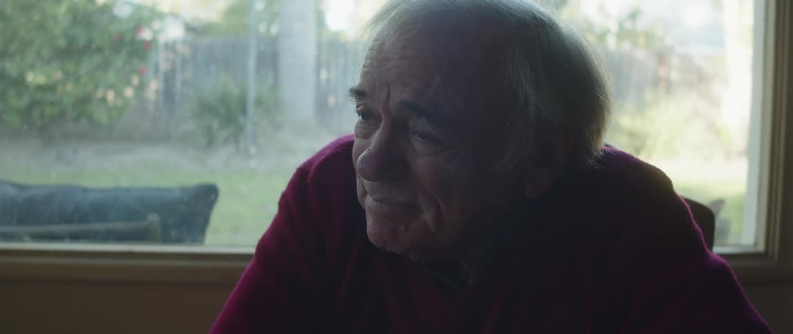 An elderly man smiles while having a conversation at home