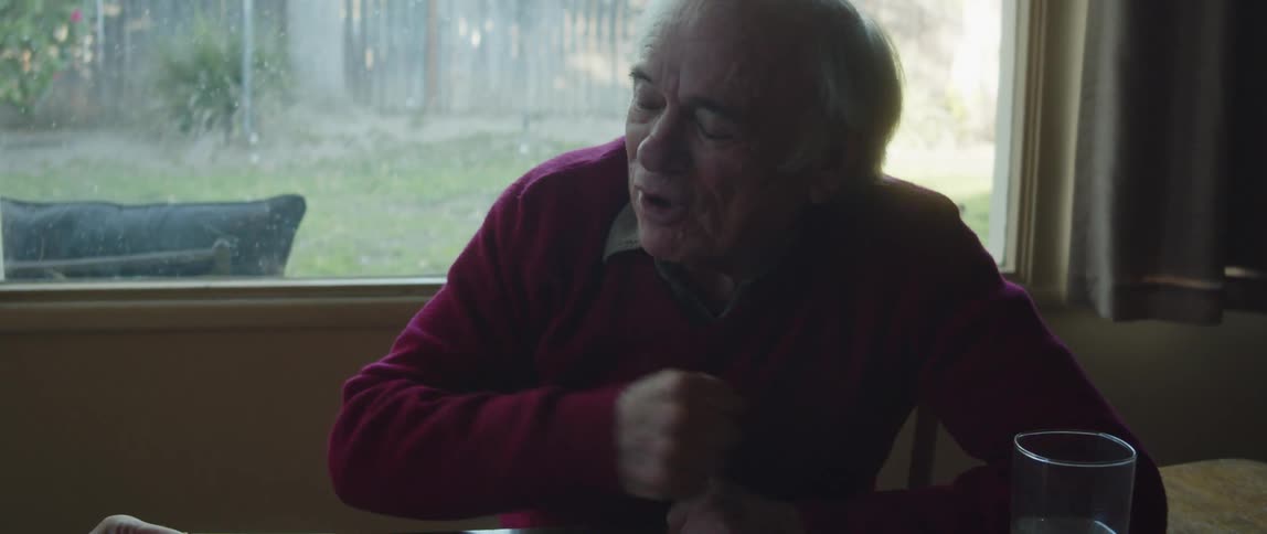 An elderly man smiles and laughs while having a conversation at home