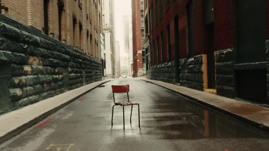 A solitary chair sits at the entrance of a city alley