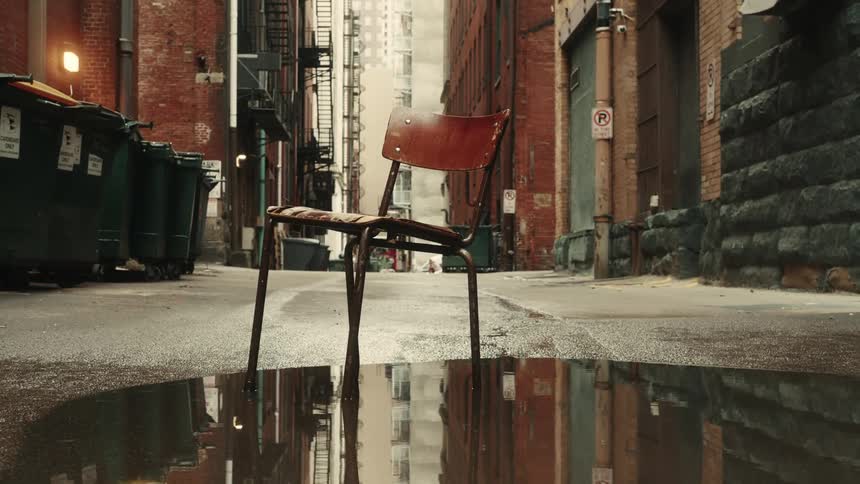 Wooden chair in a puddle of water in an alley in a city surrounded by buildings