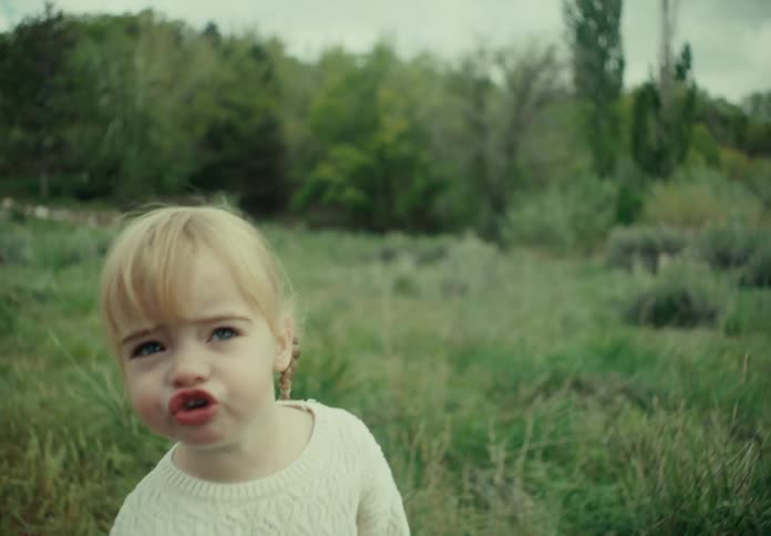 Portrait of a little blonde girl in a greenish field