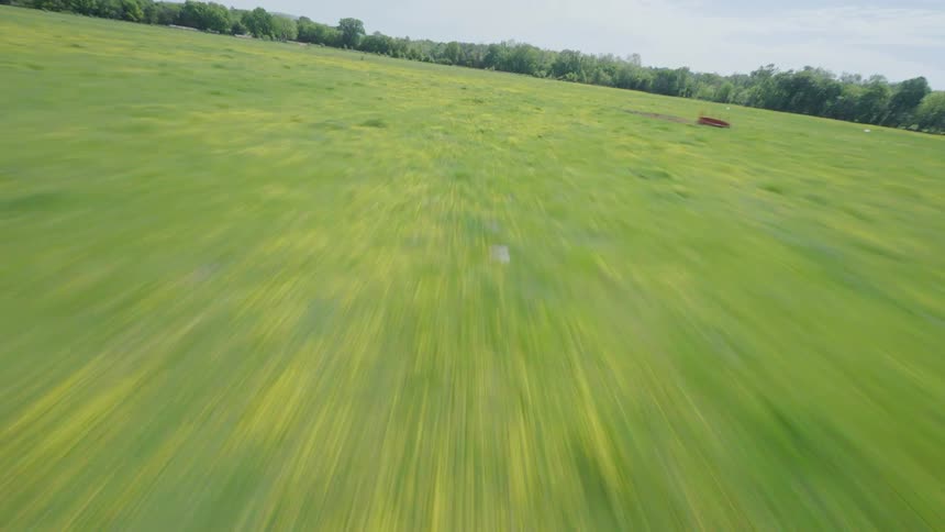 Aerial panorama of a green field surrounded by trees in Arkansas