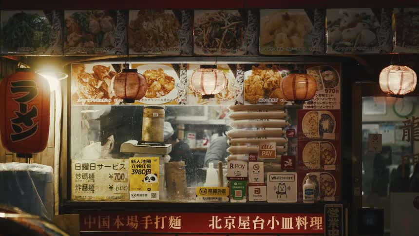 Dolly shot of a Japanese restaurant seen from the outside through a window full of images and prices of typical dishes lit by japanese lanterns and revealing two employees working
