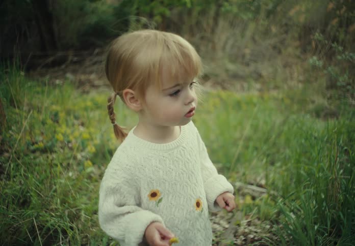 A young blonde toddler stands on a patch of grass and stares