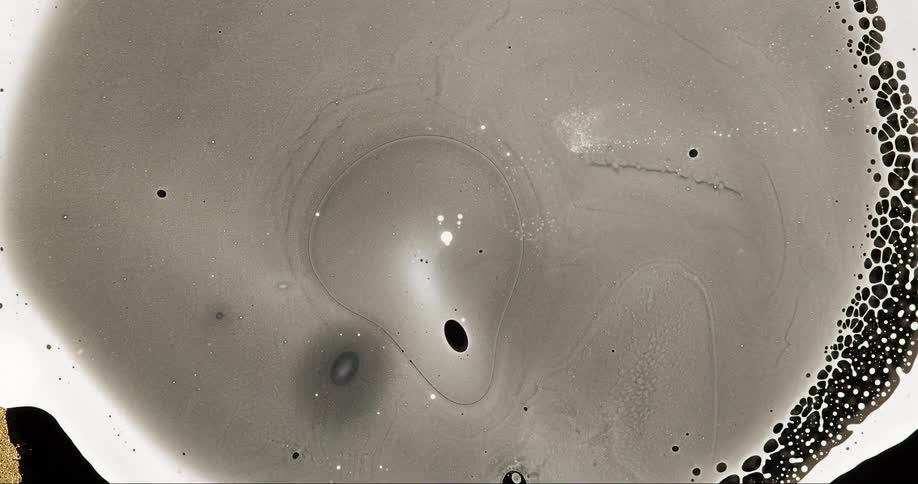 Microscopic view of a bubble bursting and creating abstract patterns against a black background