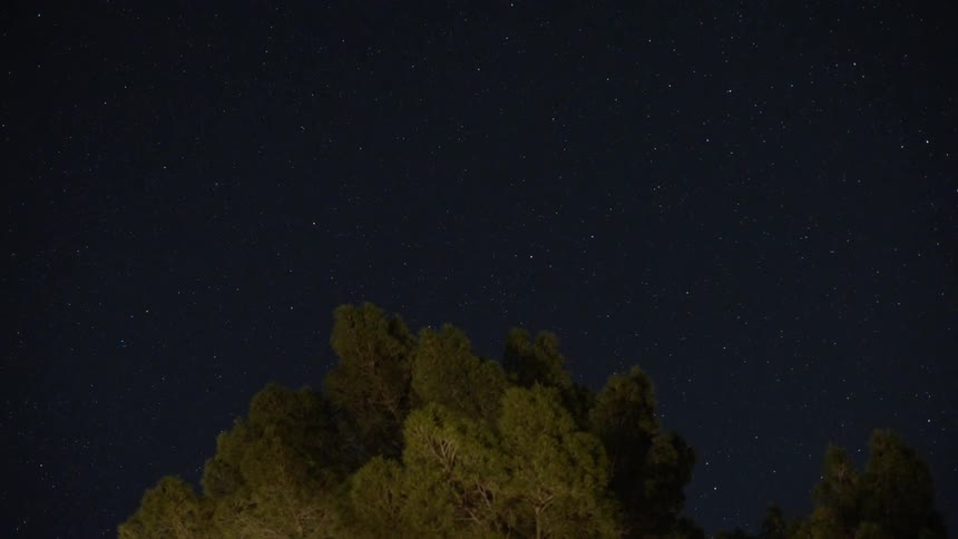 An airplane streaks across a starry night sky