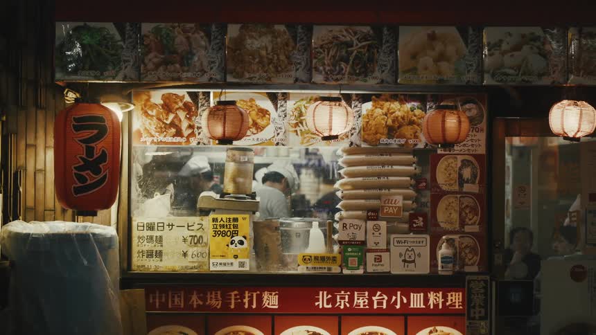 A Japanese food stall lit by red lanterns displays an array of dishes behind a glass window at night