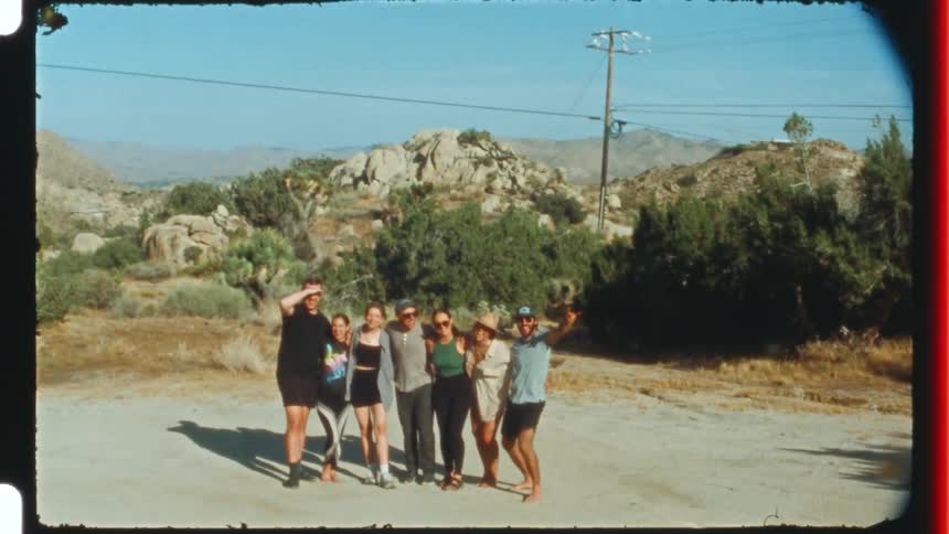 A group of friends act up while standing next to a desert