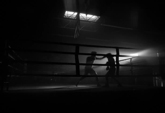 Two boxers in action inside a ring under dramatic lighting