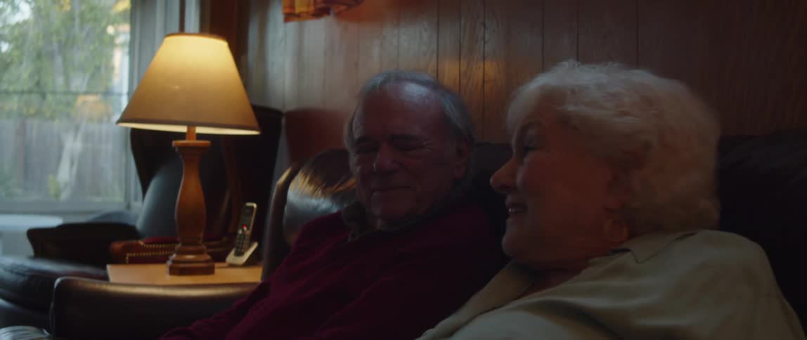 Elderly couple sitting on the sofa talking and watching