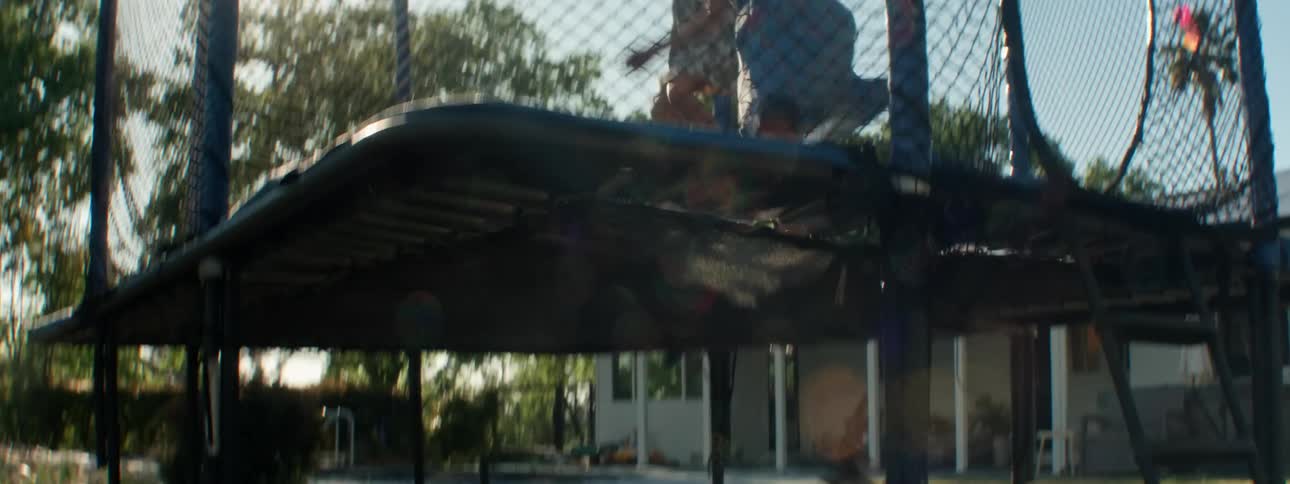 Dog runs around and jumps at a trampoline while two little girls jump on top of it