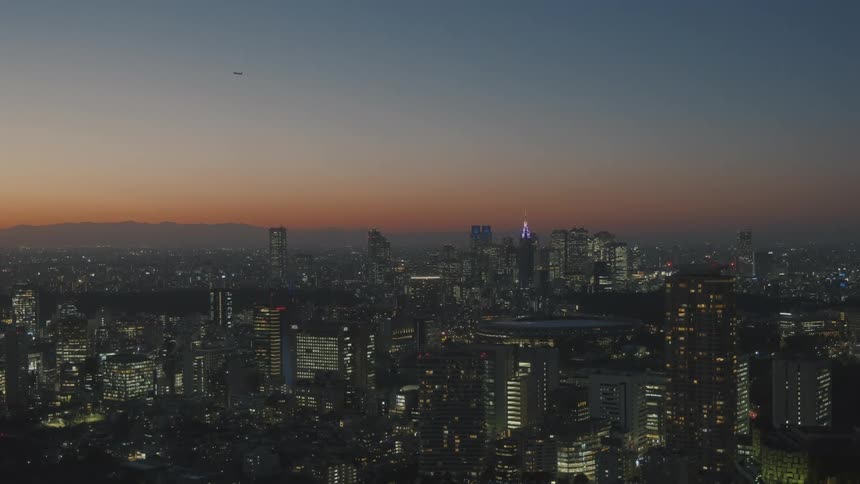 Aerial of a metropolis at dusk