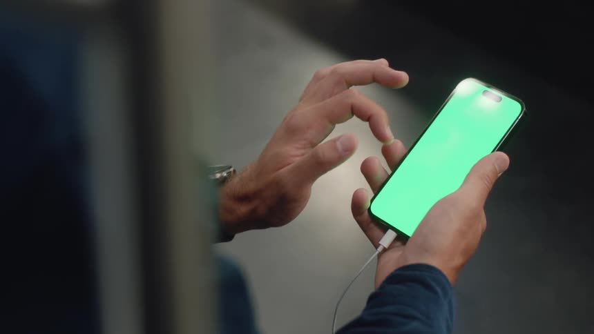Sitting man scrolls on a plugged in smartphone