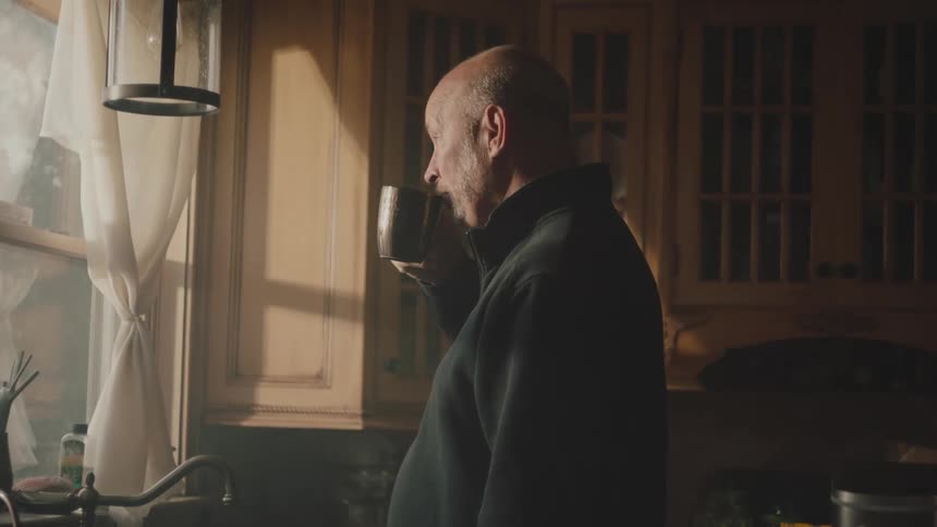 A man is drinking a cup of coffee at home